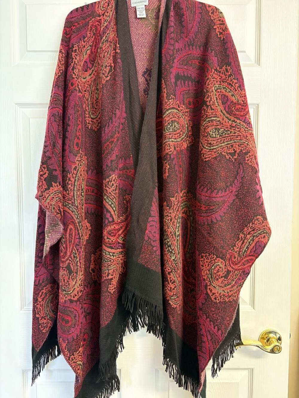 Catherines Boho Paisley Shawl Poncho One Size Black Pink Fringe